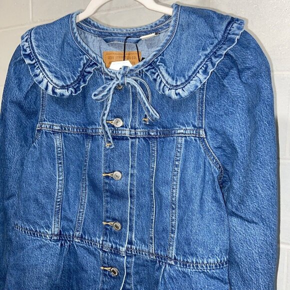 Levi's Premium Women's Prairie Trucker Jacket SMALL Blue Denim Ruffles Feminine - Picture 3 of 8